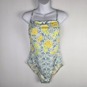 Lands'‎ End Women’s Bandeau OnePiece Tummy Control Blue and Yellow Adj Strap 10